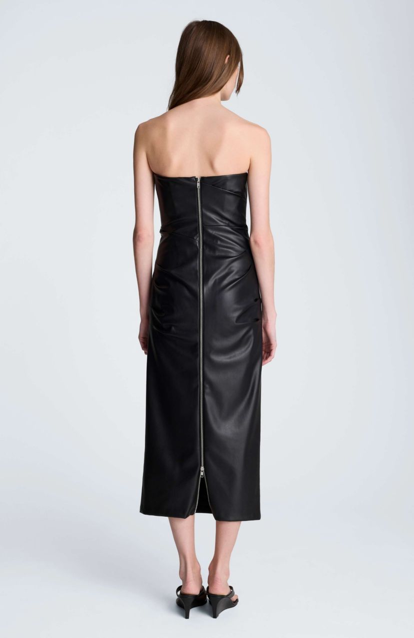 black leather strapless midi dress Kenneth Cole Vegan Tucked Detail how to style a leather dress