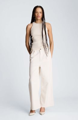 Kenneth Cole Women's High Rise Fly Front Wide Leg Pant with Adjustable Waist, White, 14