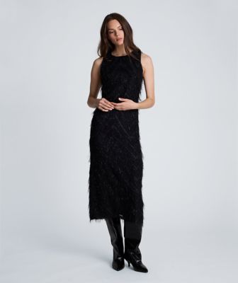Kenneth Cole Women's Racer Midi Sheath Novelty Fringe Sleeveless Dress, Black, 12