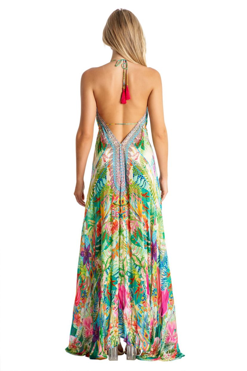 La Moda Clothing Women's Maxi Boho Art Halterneck Dress - Teal / Light Pink