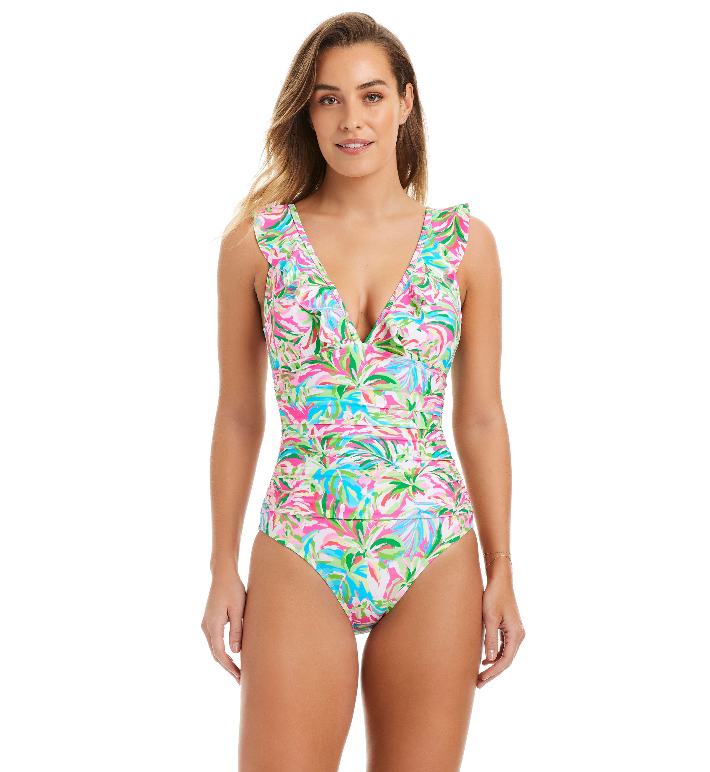 Dazzling Tropical Ruffle Neck One Piece Swimsuit 