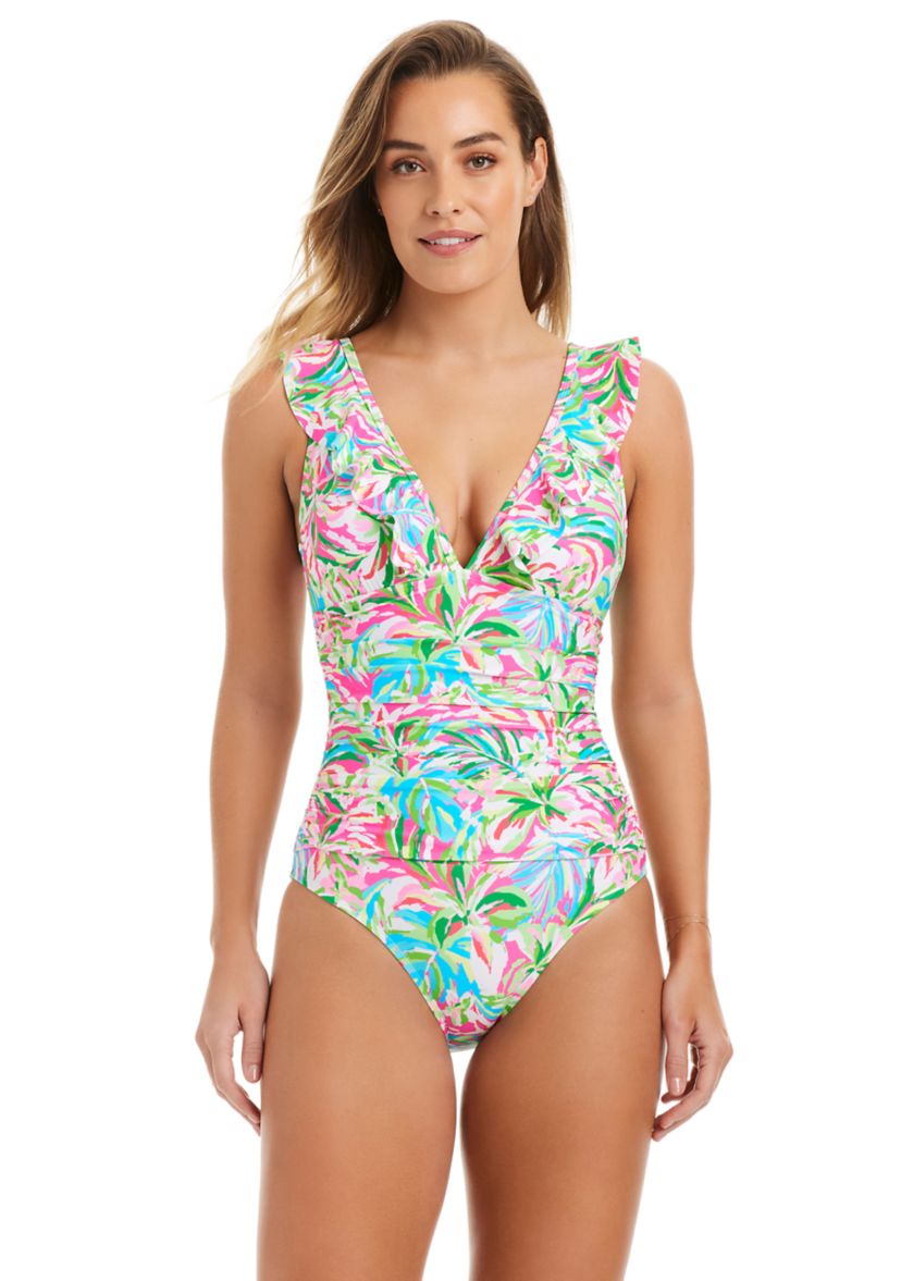 Dazzling Tropical Ruffle Neck One Piece Swimsuit 
