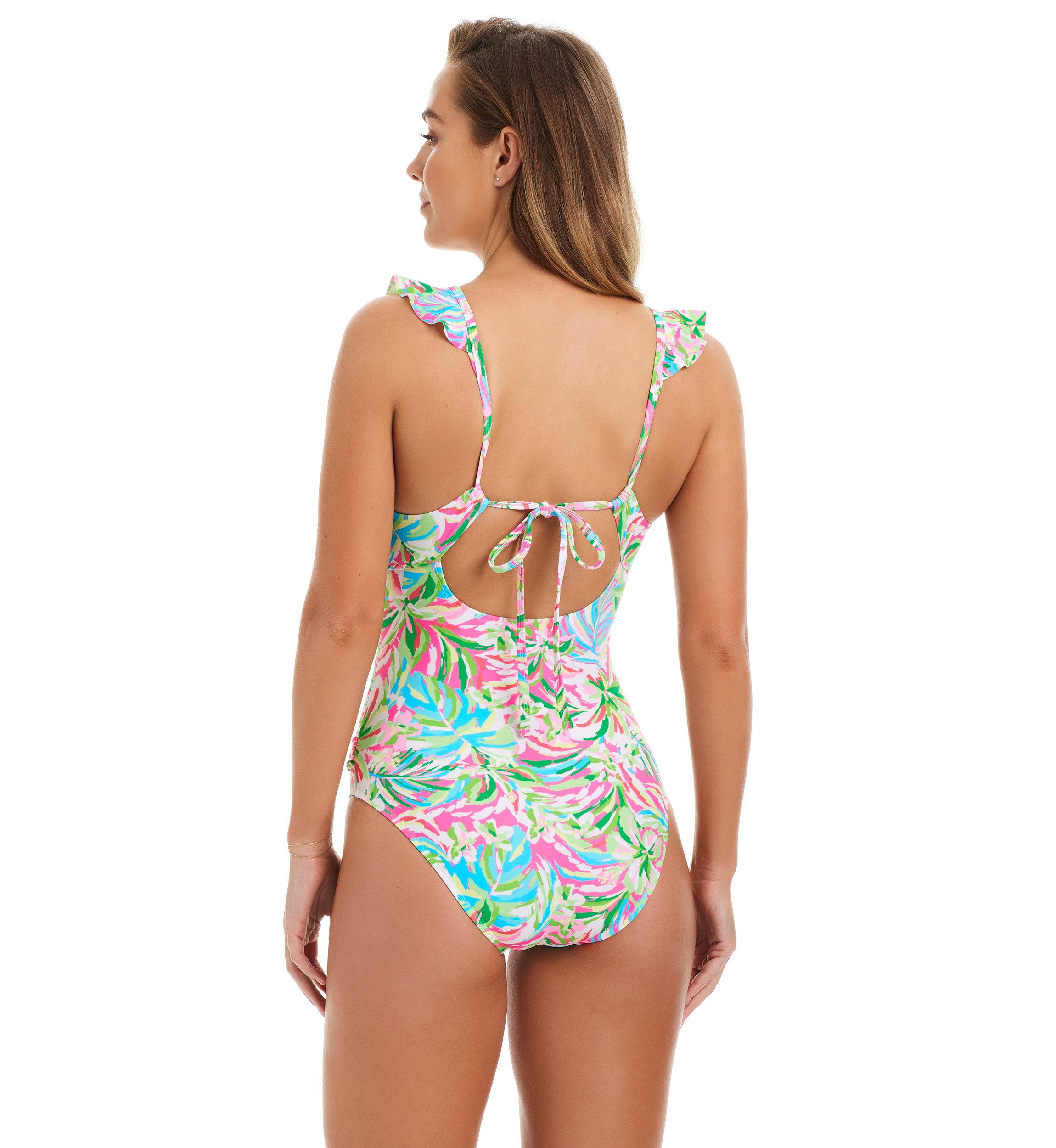 Dazzling Tropical Ruffle Neck One Piece Swimsuit 