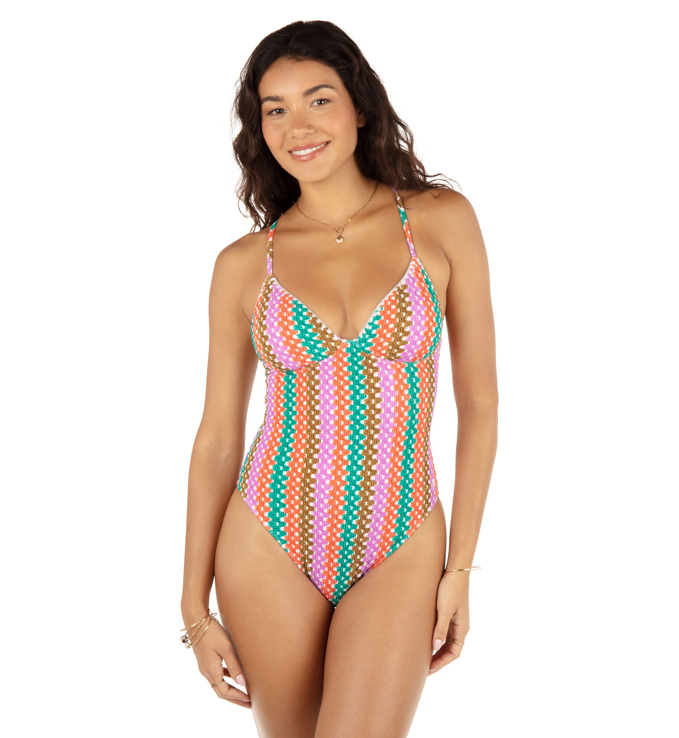 Printed Stripe Crochet One Piece Swimsuit 