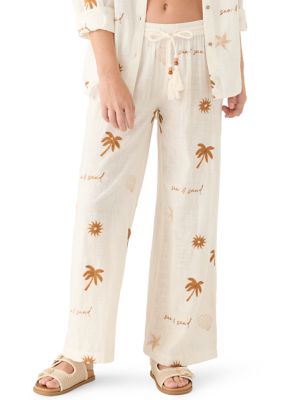 Surf Gypsy Women's Sun Sand Printed Embroidered Wide Leg Pants, Medium