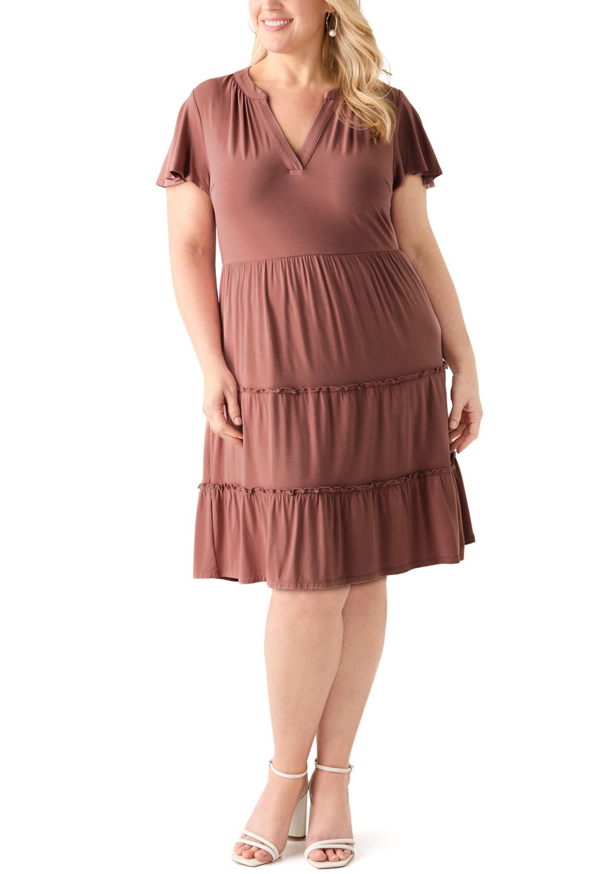 Plus Size Flutter Sleeve Tiered Knit Dress