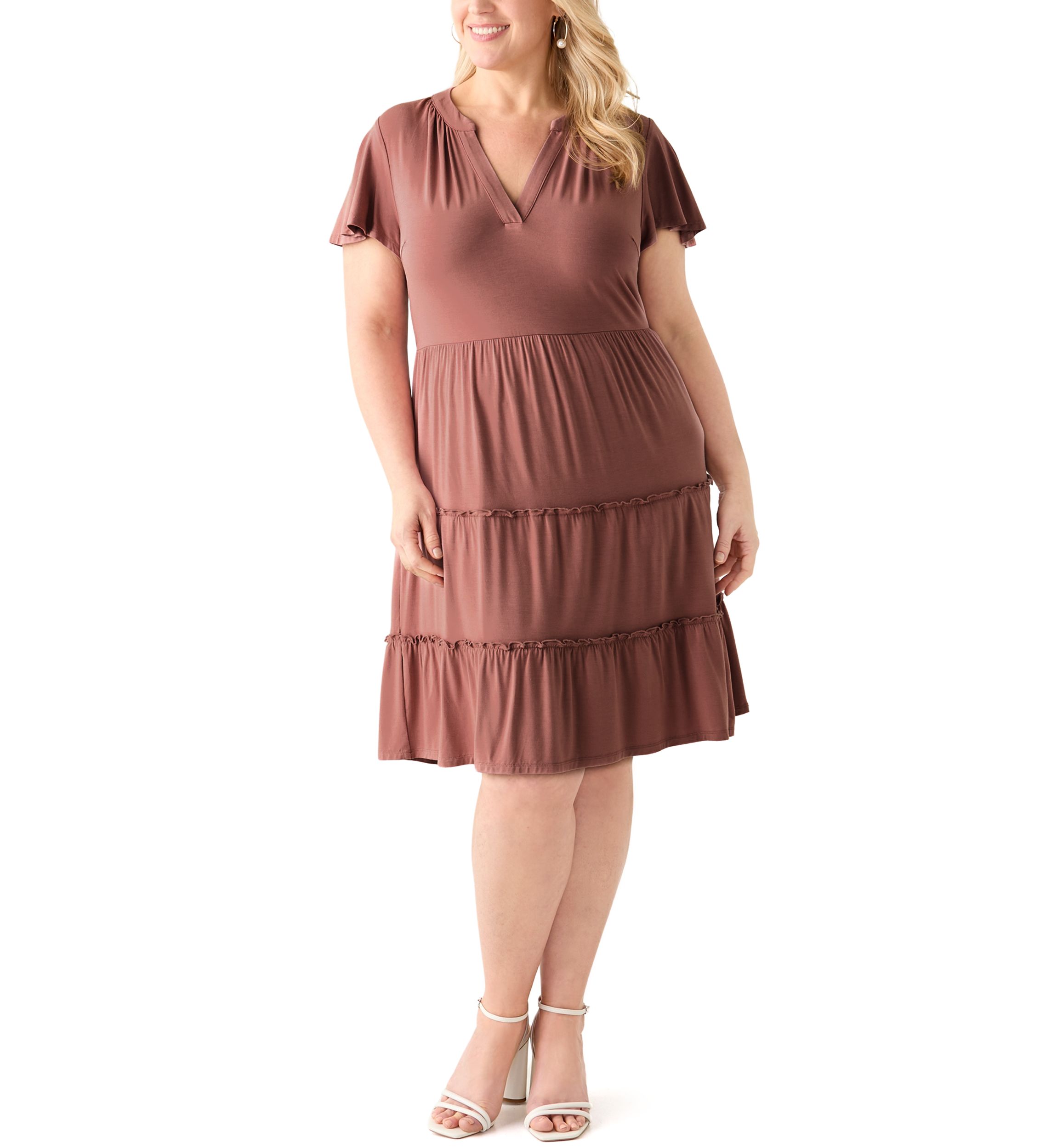 Plus Size Flutter Sleeve Tiered Knit Dress