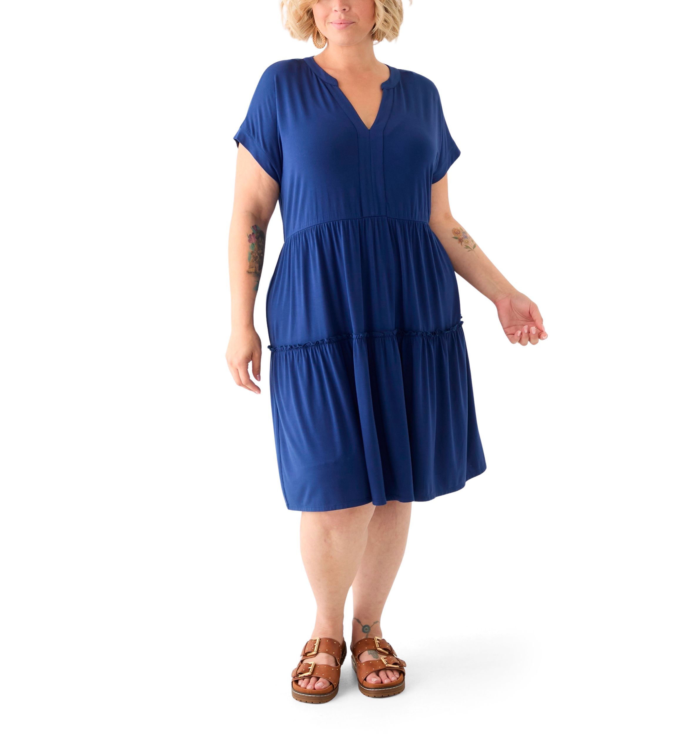 Plus Size Short Sleeve Split Neck Tiered Knit Dress