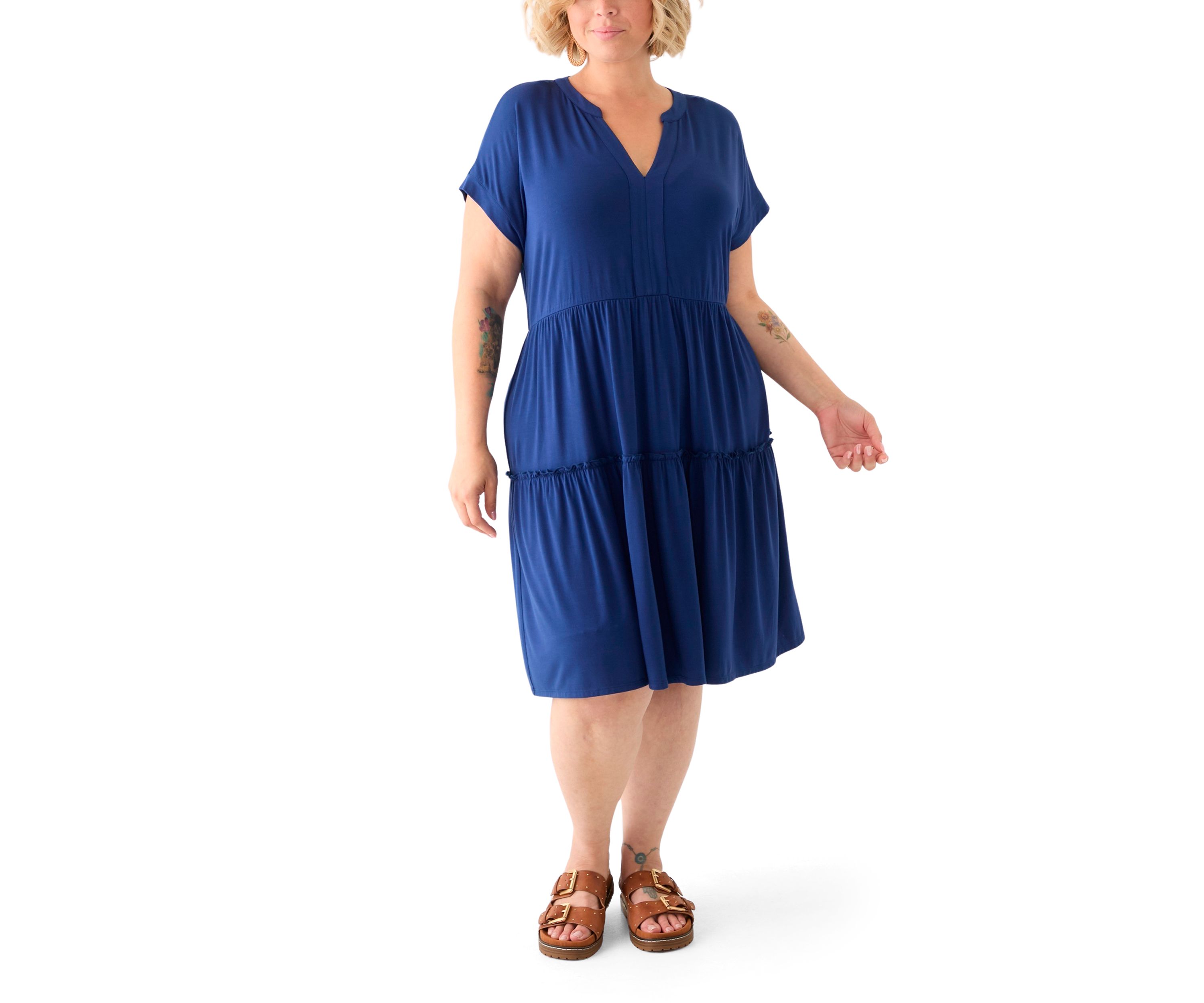 Plus Size Short Sleeve Split Neck Tiered Knit Dress
