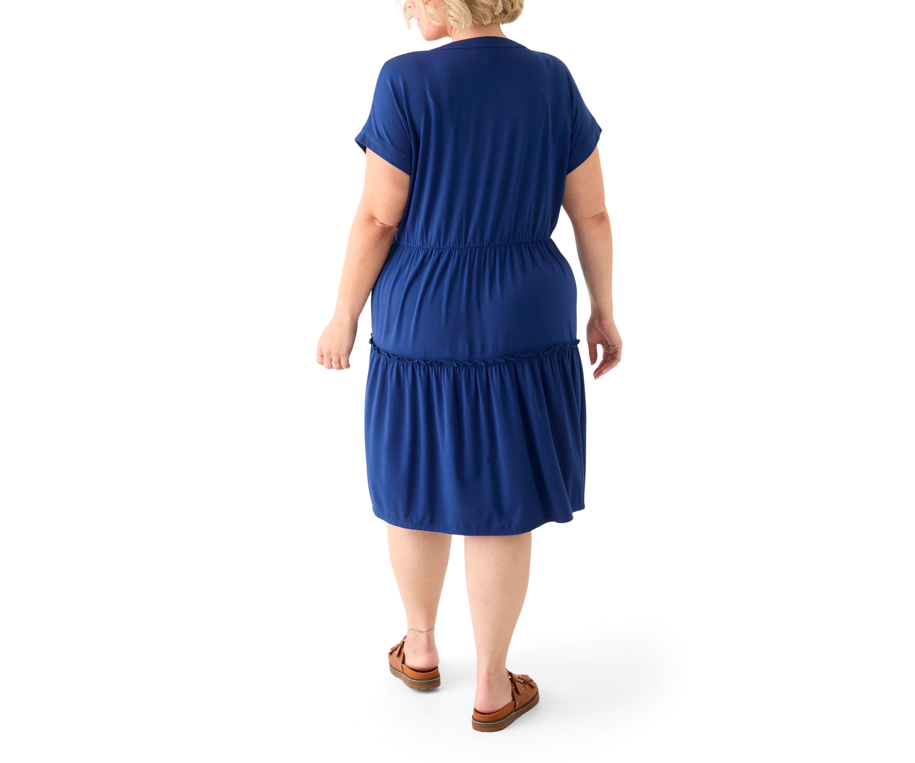 Plus Size Short Sleeve Split Neck Tiered Knit Dress