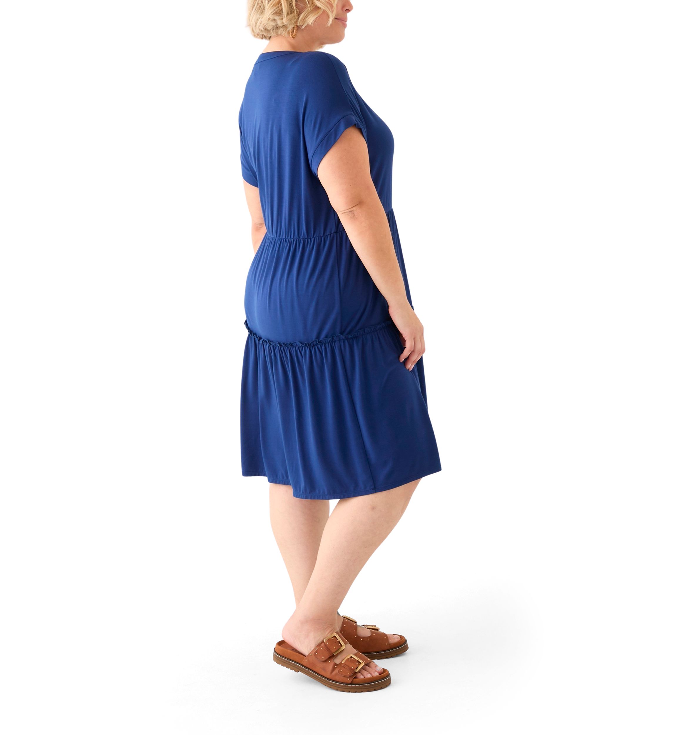 Plus Size Short Sleeve Split Neck Tiered Knit Dress
