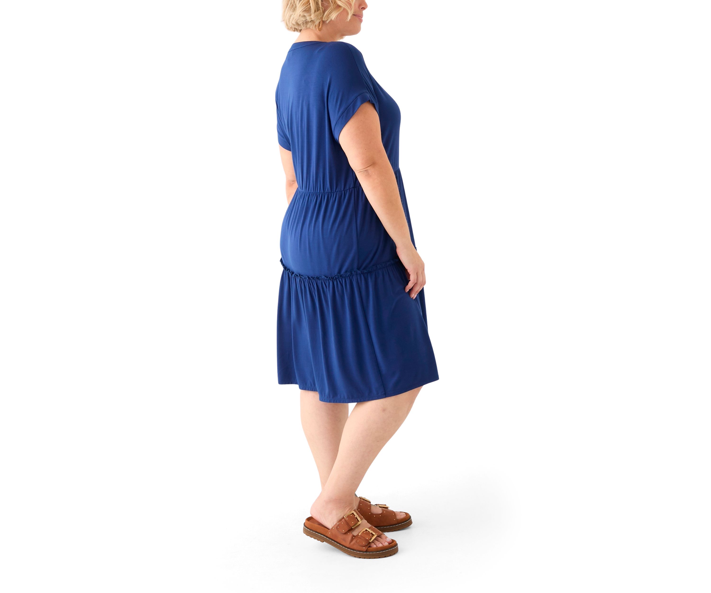 Plus Size Short Sleeve Split Neck Tiered Knit Dress