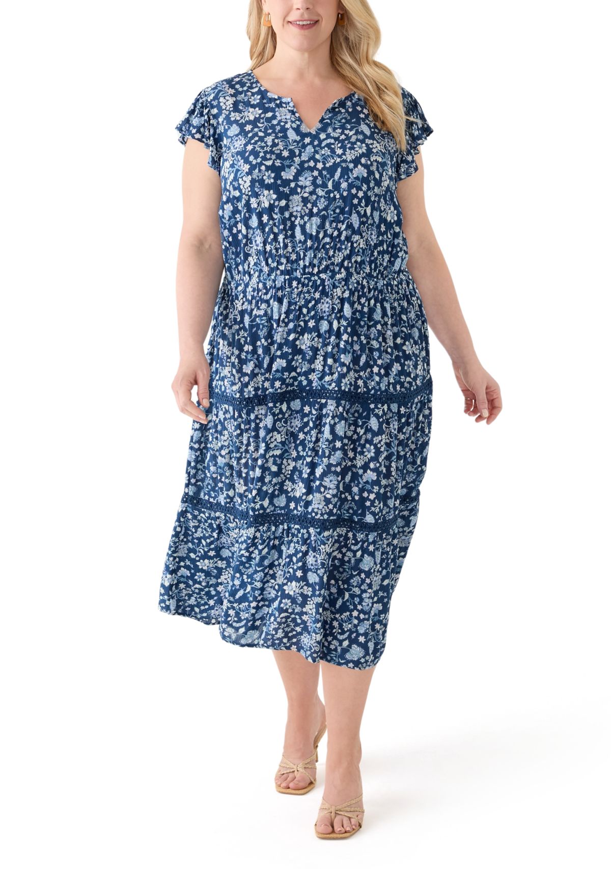 Plus Size Flutter Sleeve Split Neck Floral Gauze Midi Dress