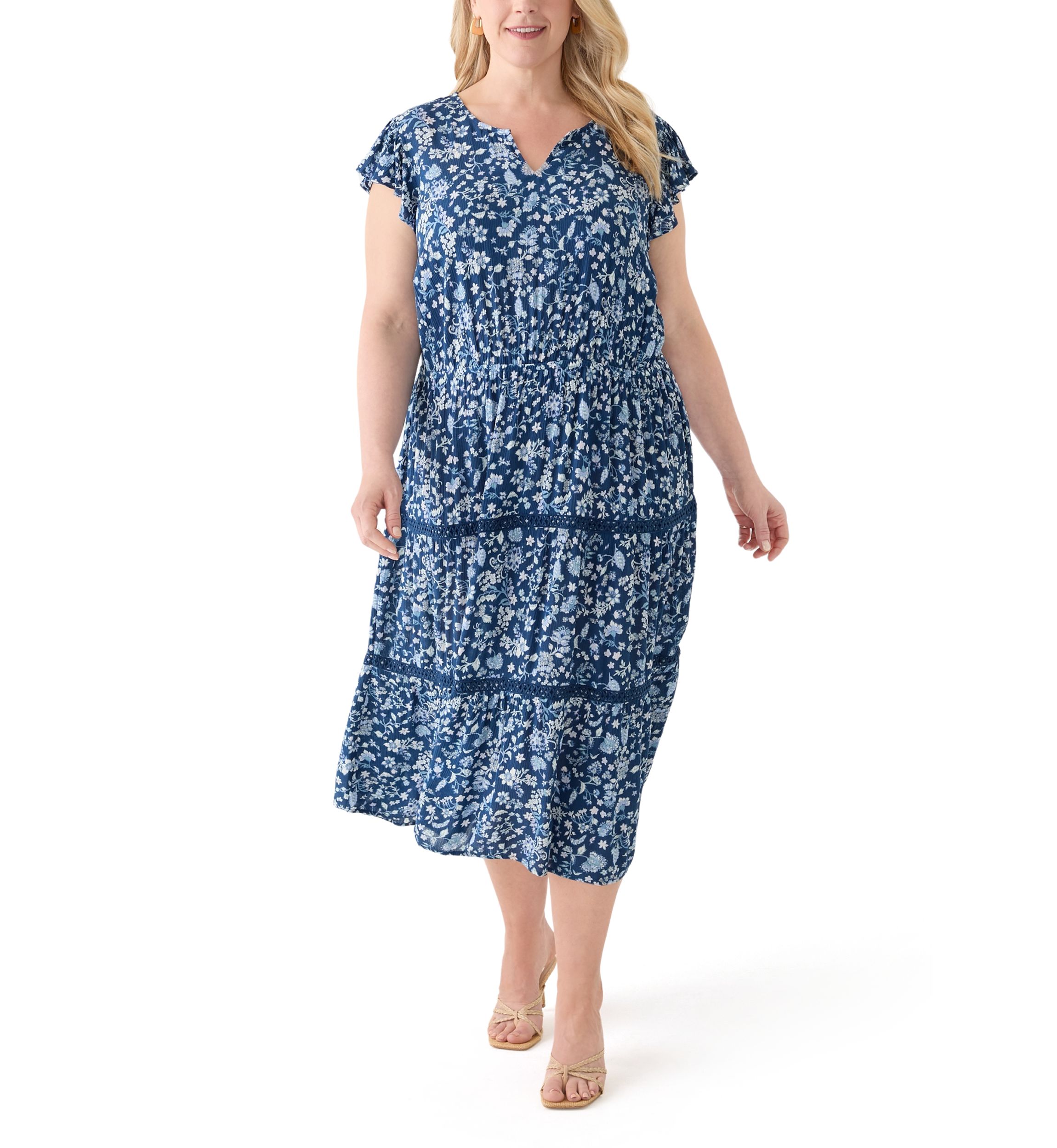 Plus Size Flutter Sleeve Split Neck Floral Gauze Midi Dress
