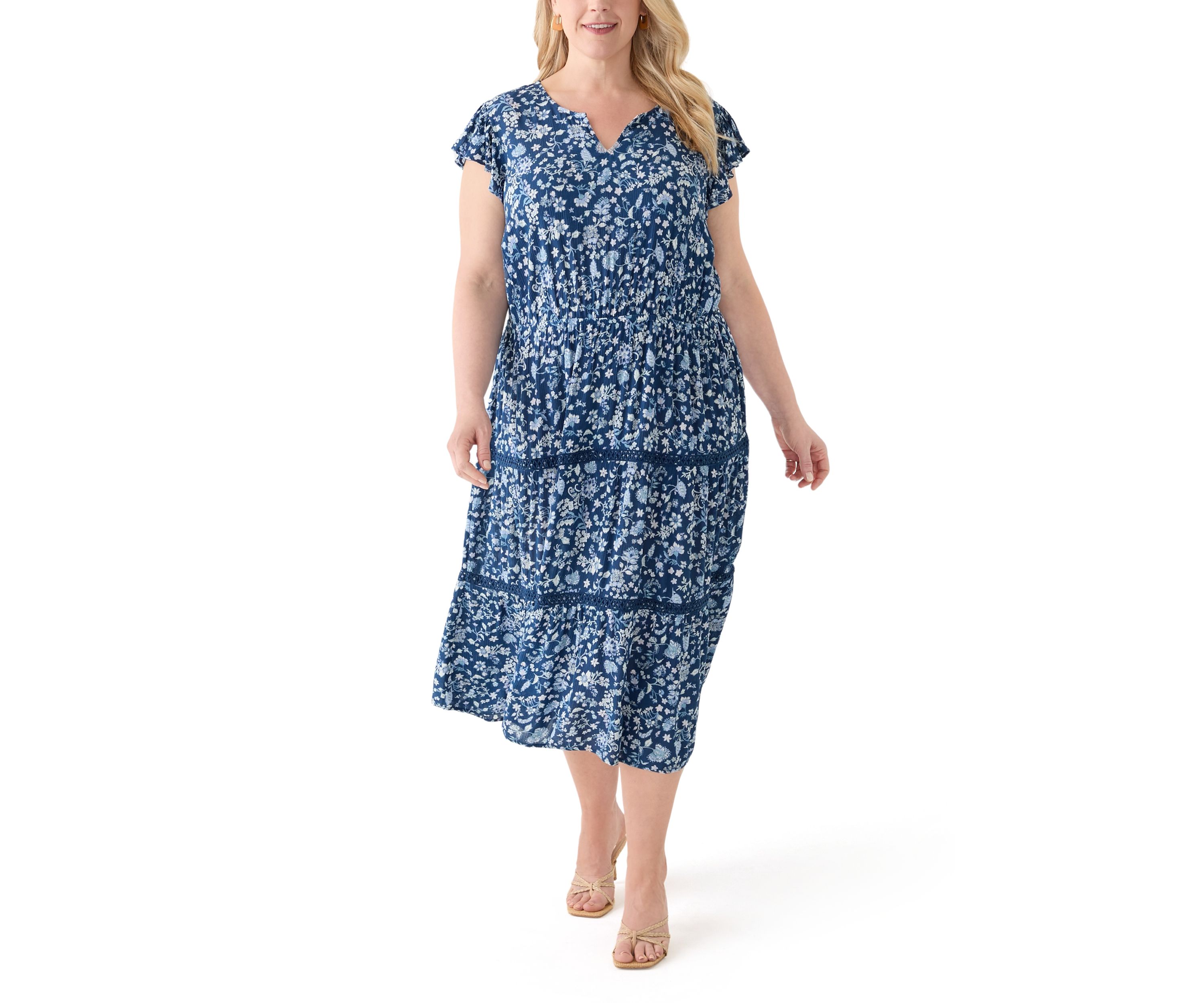 Plus Size Flutter Sleeve Split Neck Floral Gauze Midi Dress