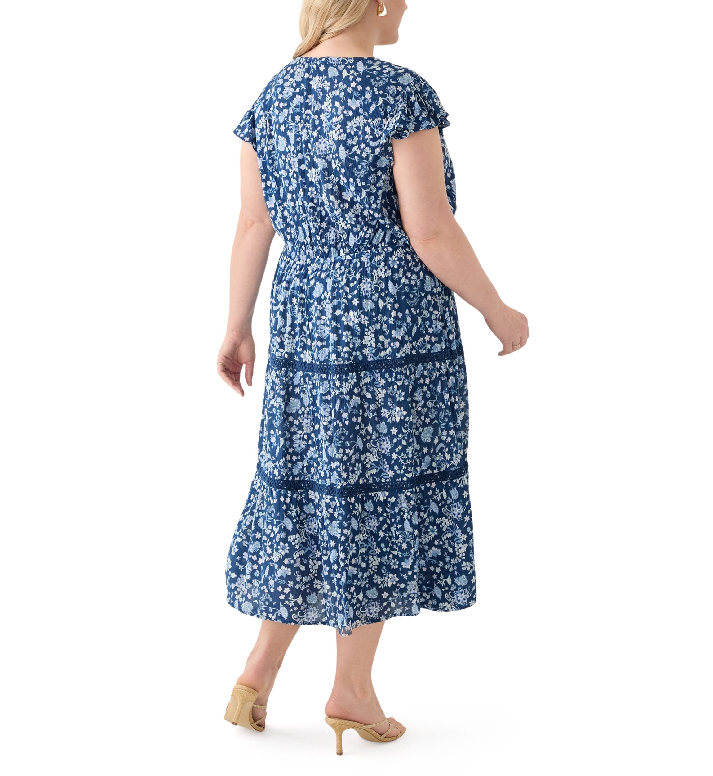 Plus Size Flutter Sleeve Split Neck Floral Gauze Midi Dress