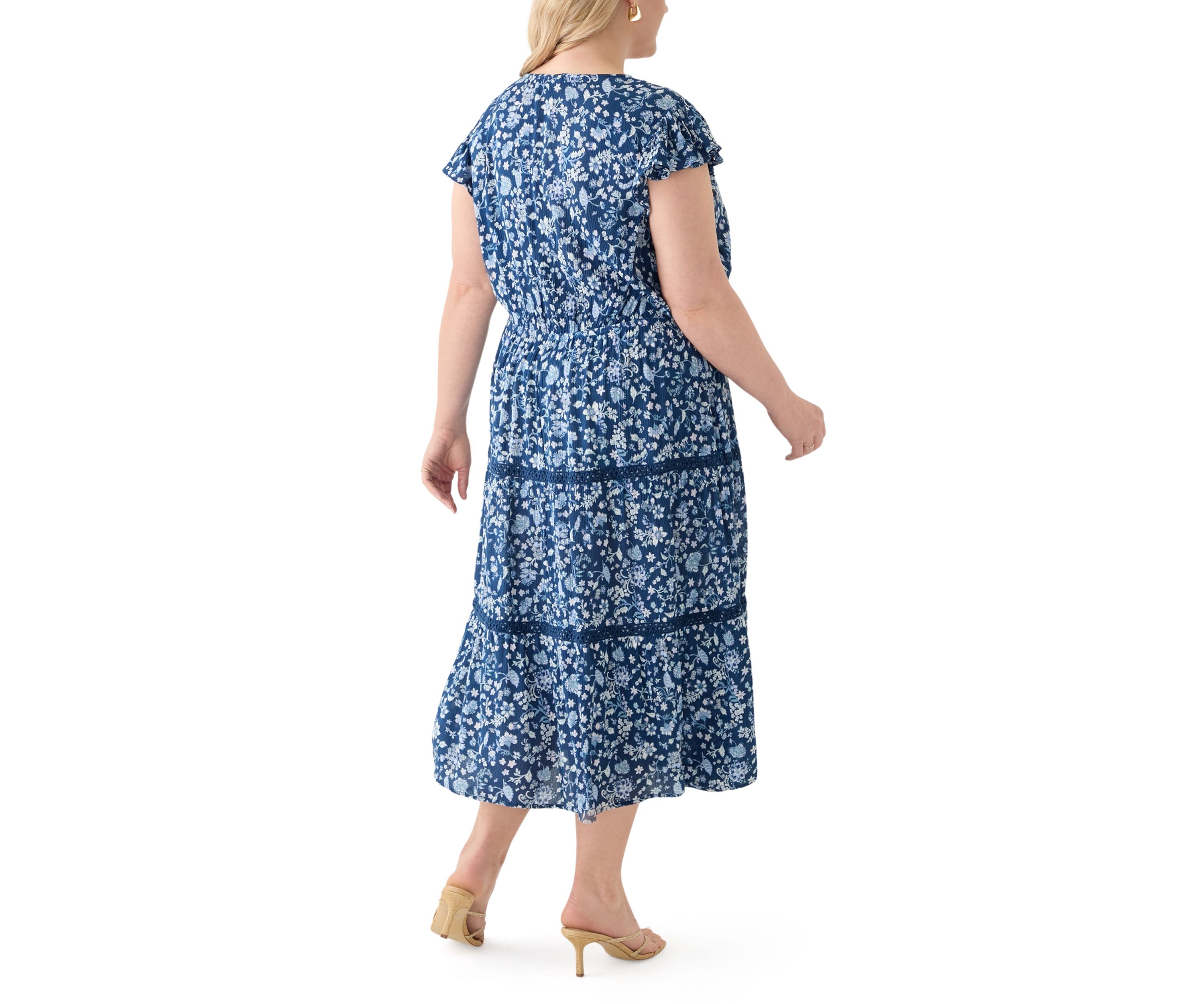 Plus Size Flutter Sleeve Split Neck Floral Gauze Midi Dress
