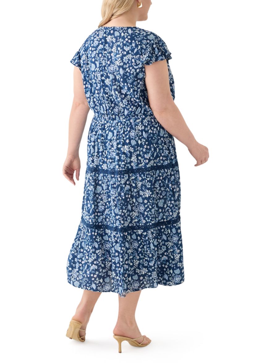Plus Size Flutter Sleeve Split Neck Floral Gauze Midi Dress