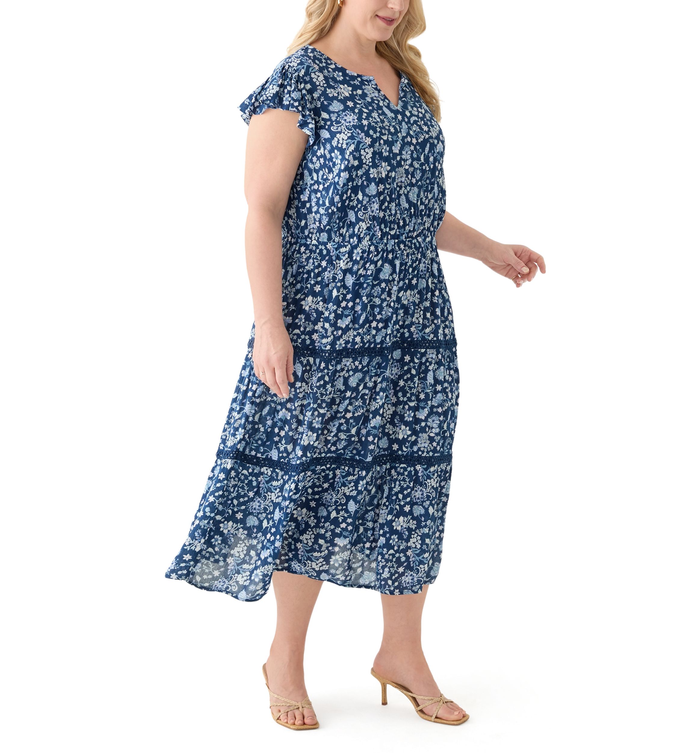 Plus Size Flutter Sleeve Split Neck Floral Gauze Midi Dress