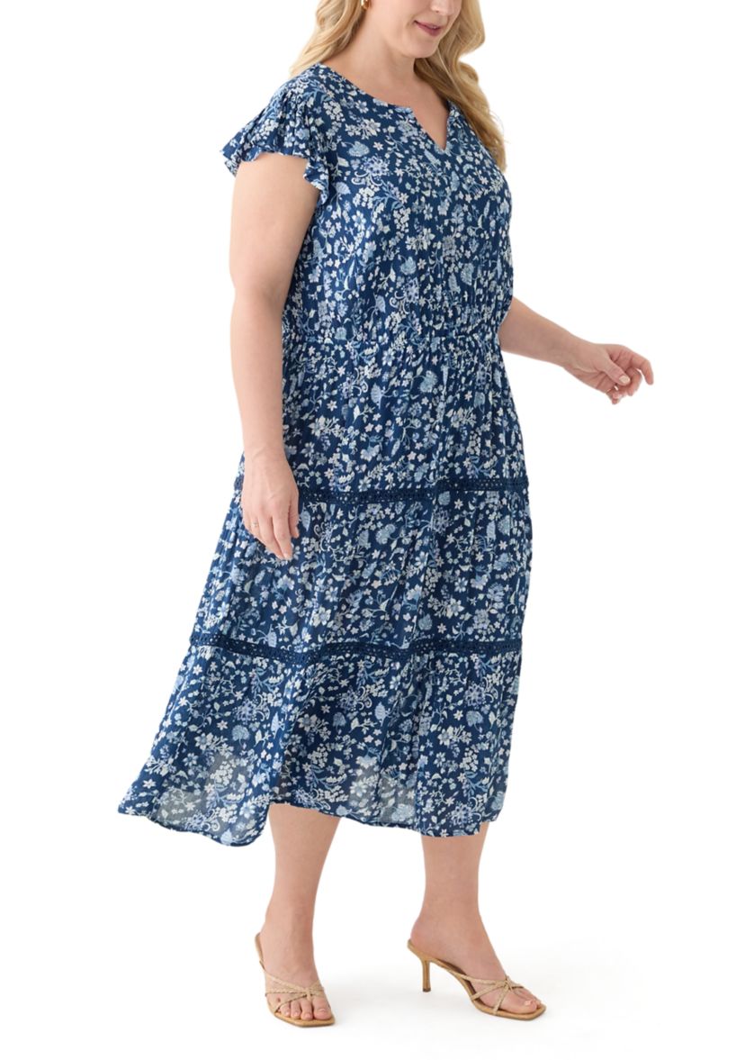 Plus Size Flutter Sleeve Split Neck Floral Gauze Midi Dress
