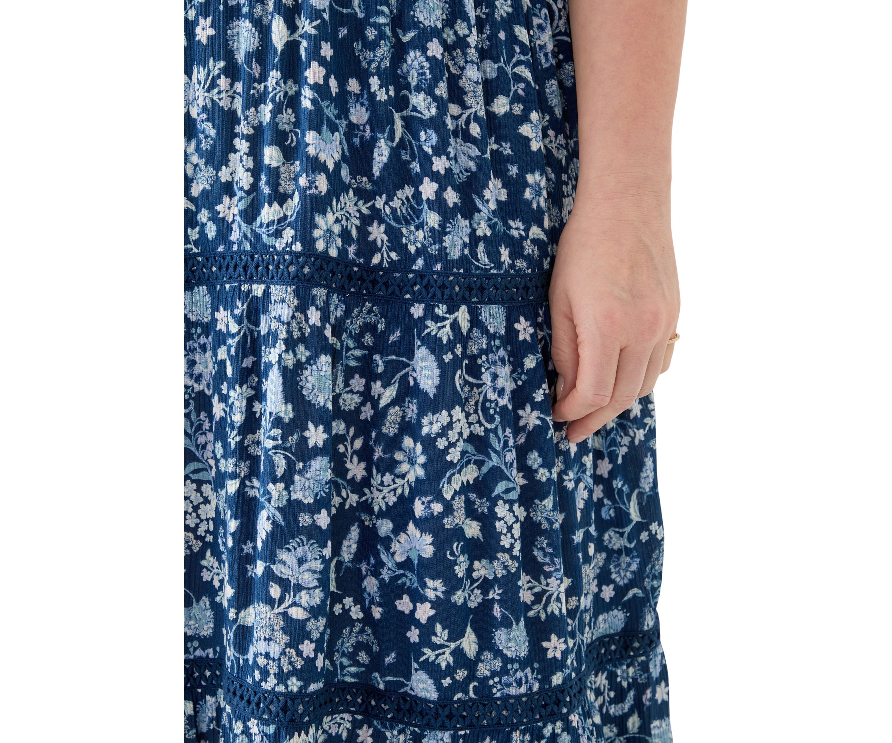 Plus Size Flutter Sleeve Split Neck Floral Gauze Midi Dress