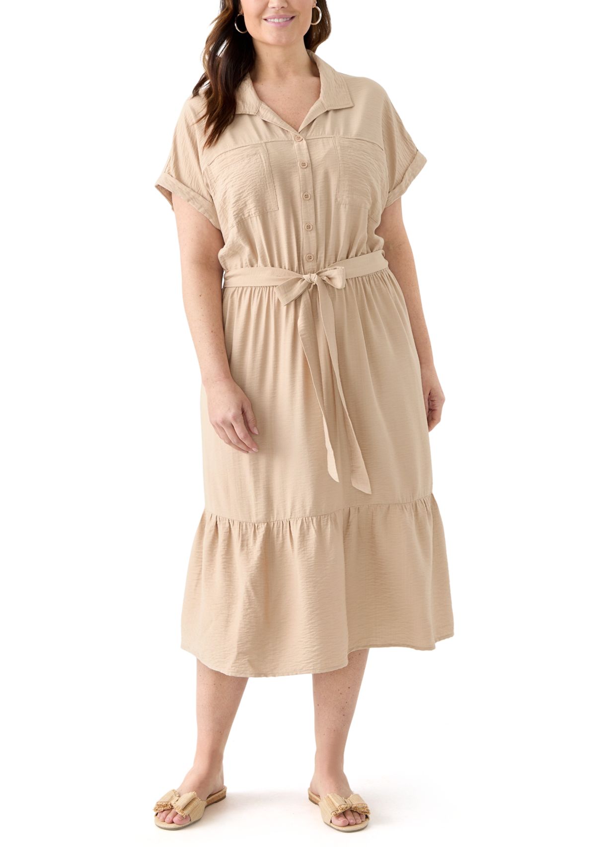 Plus Size Short Sleeve Solid Tie Waist Shirtdress