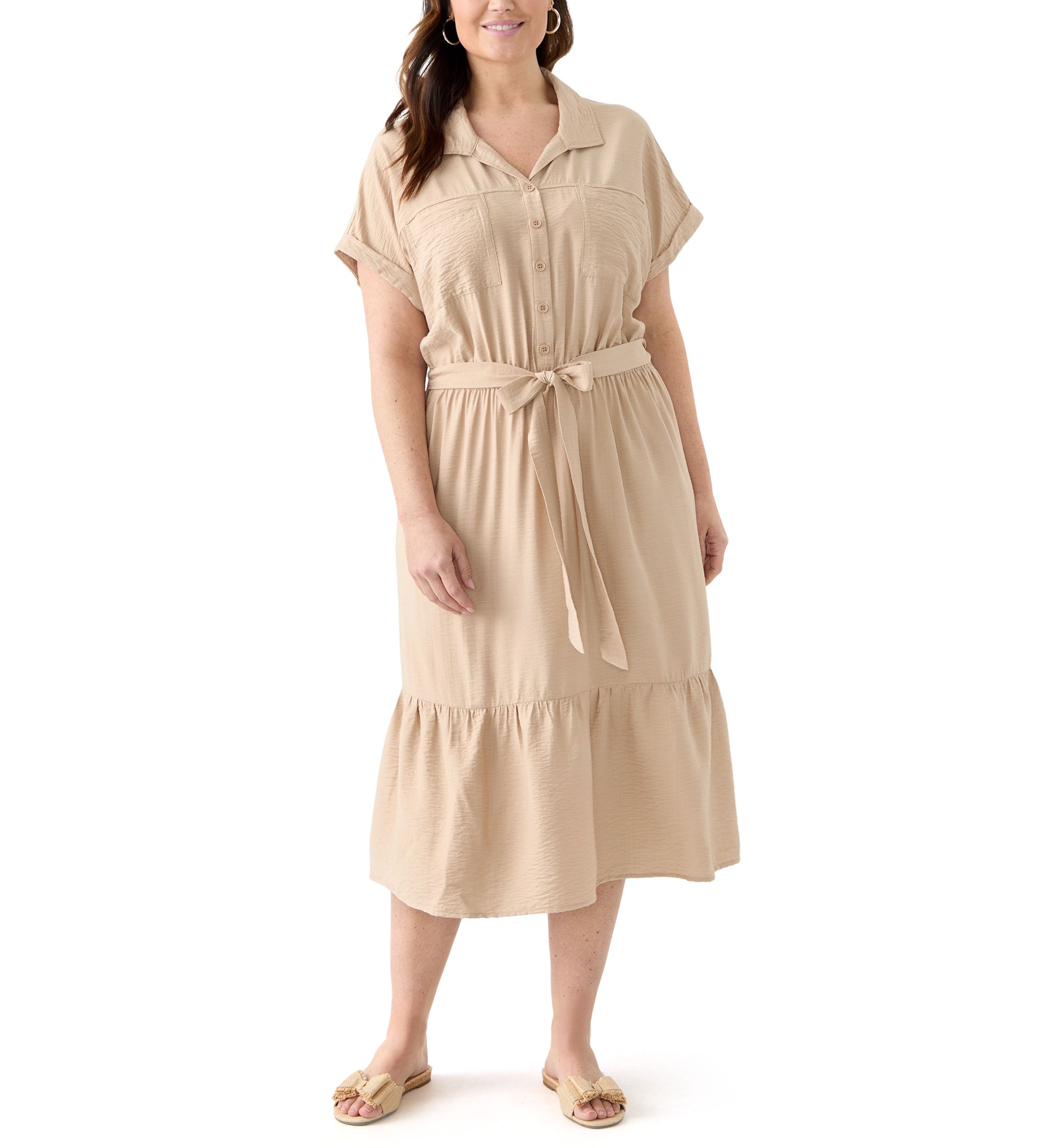 Plus Size Short Sleeve Solid Tie Waist Shirtdress