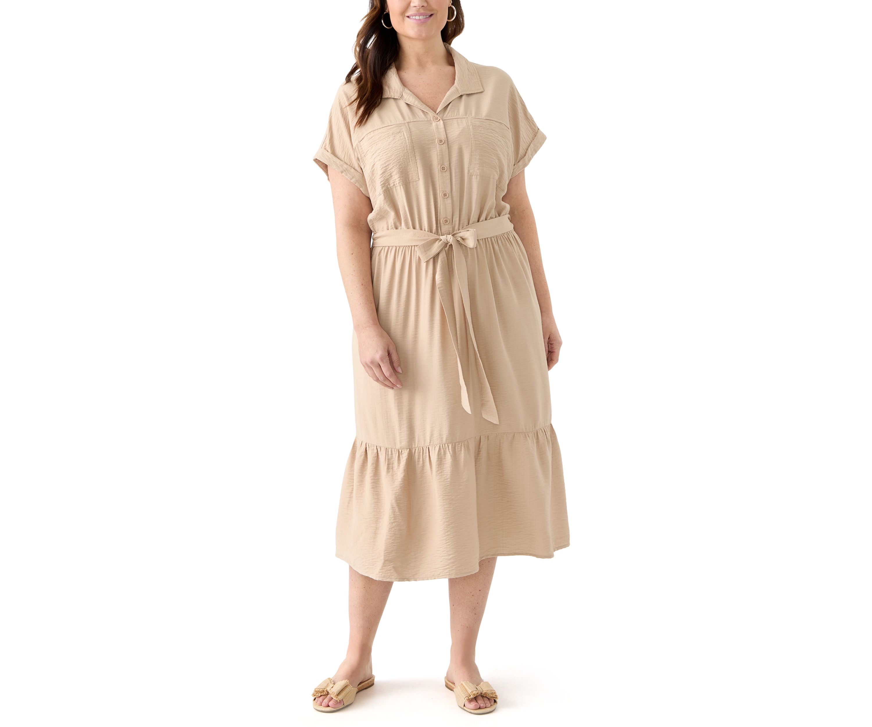 Plus Size Short Sleeve Solid Tie Waist Shirtdress