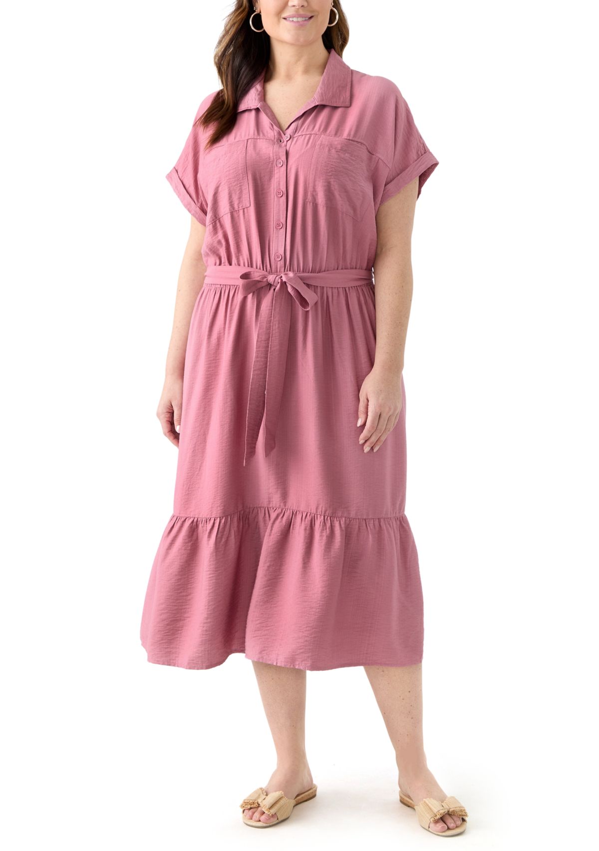 Plus Size Short Sleeve Solid Tie Waist Shirtdress
