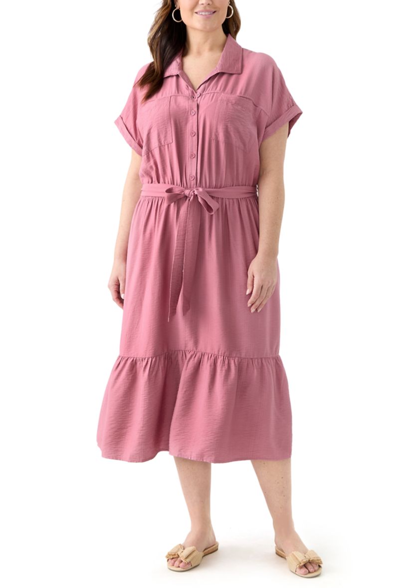 Plus Size Short Sleeve Solid Tie Waist Shirtdress
