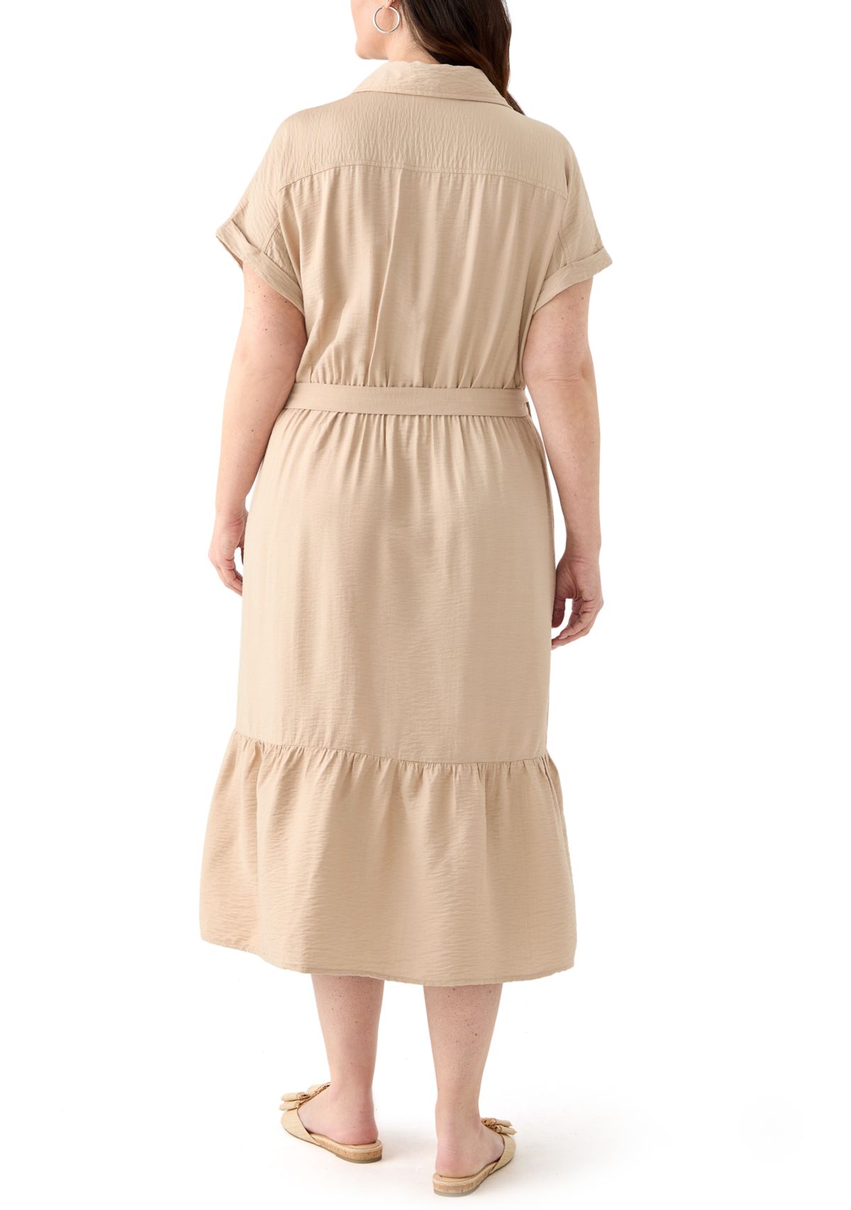 Plus Size Short Sleeve Solid Tie Waist Shirtdress