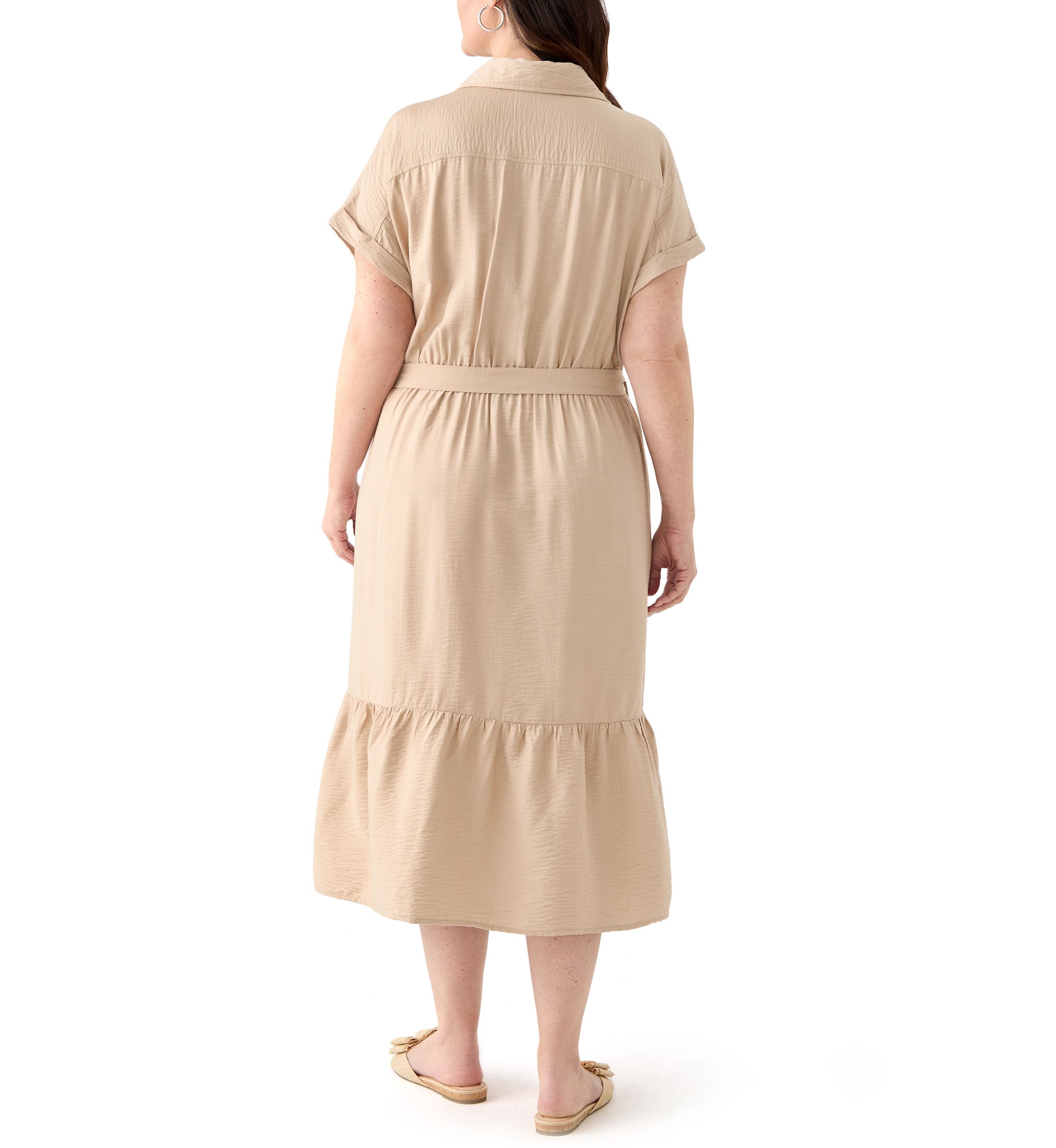 Plus Size Short Sleeve Solid Tie Waist Shirtdress