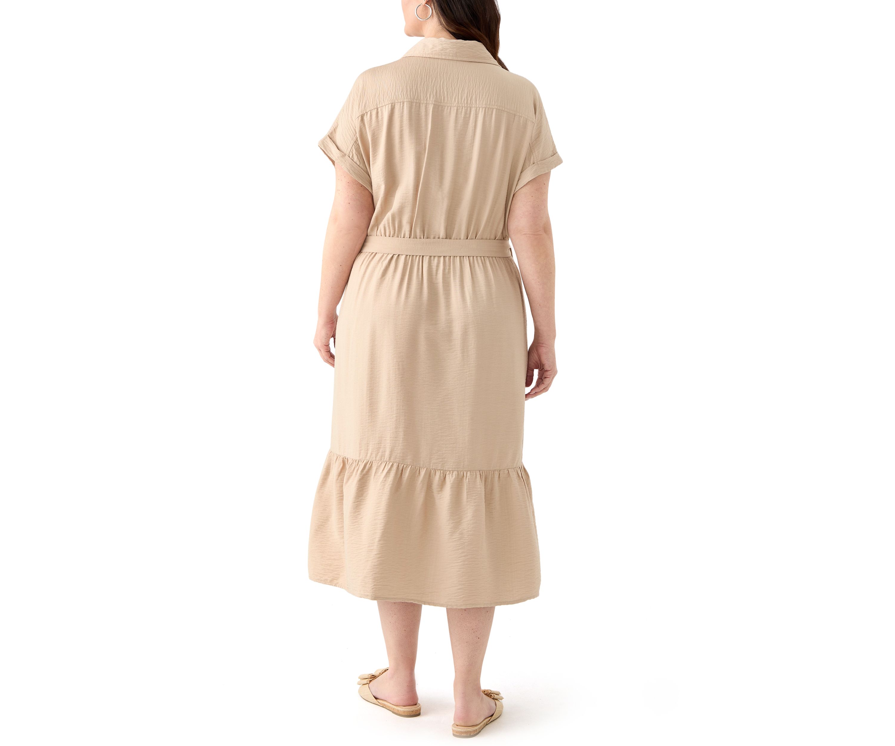 Plus Size Short Sleeve Solid Tie Waist Shirtdress