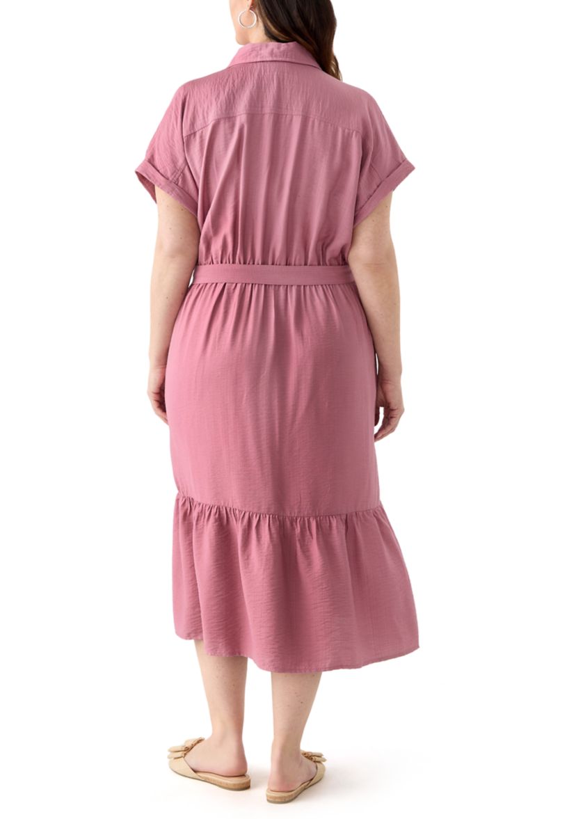 Plus Size Short Sleeve Solid Tie Waist Shirtdress