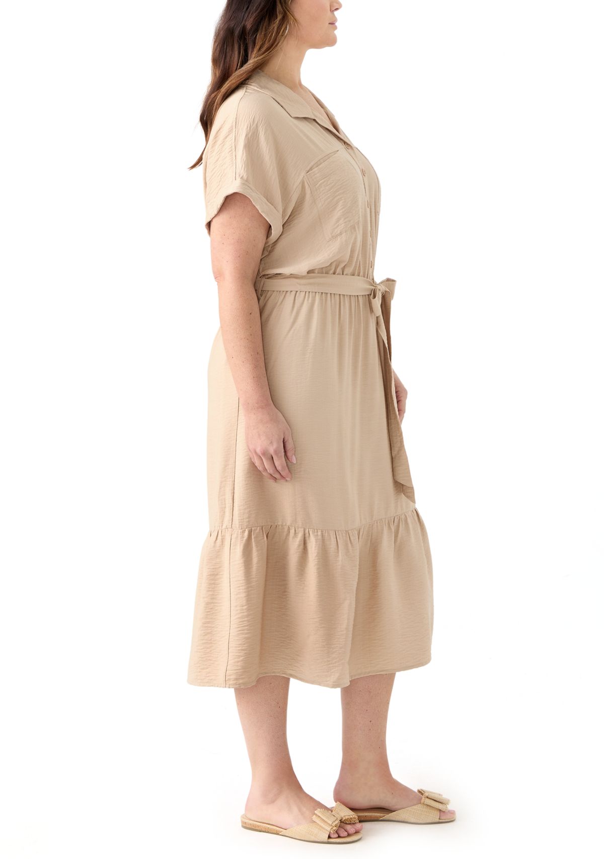 Plus Size Short Sleeve Solid Tie Waist Shirtdress