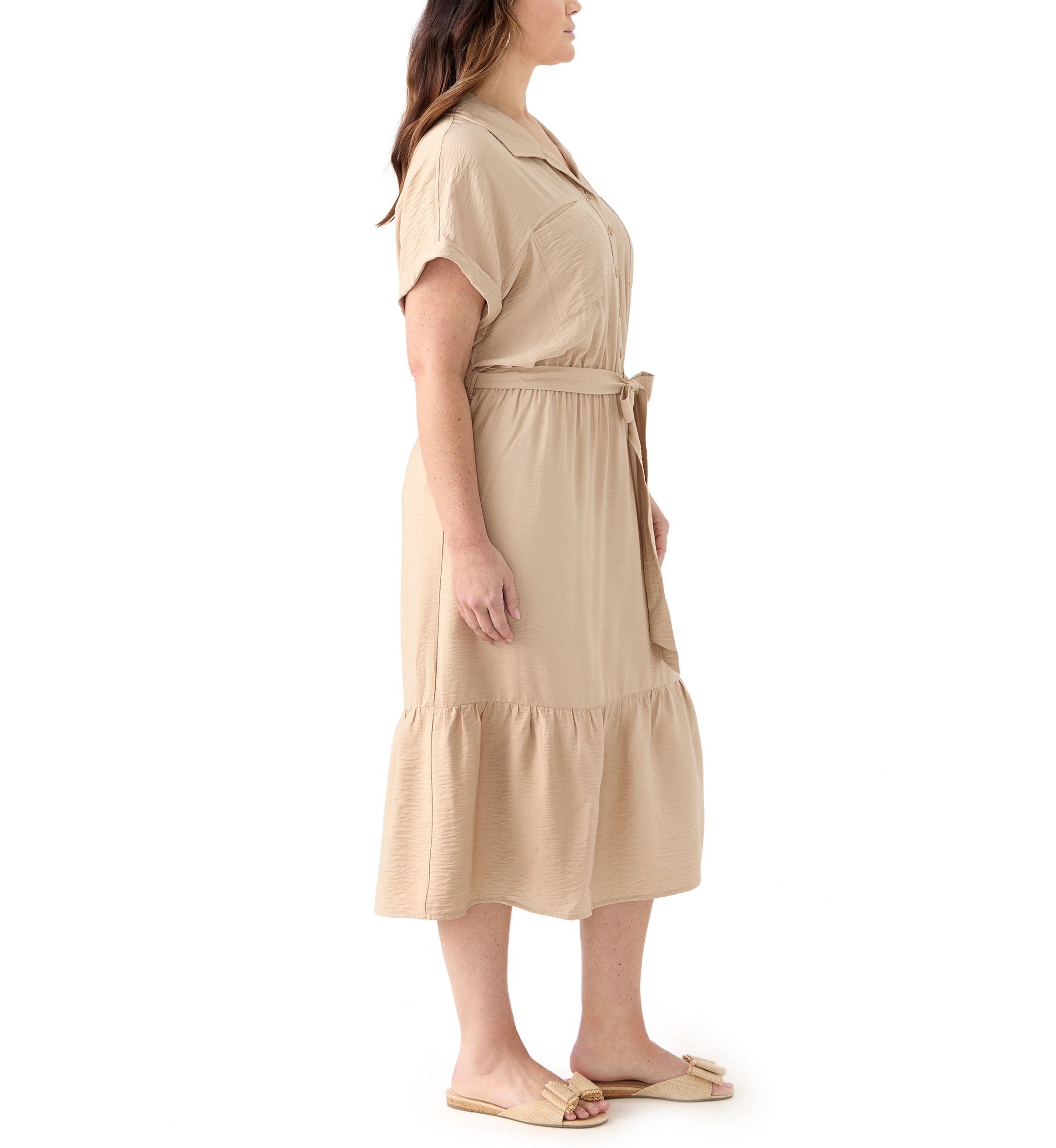 Plus Size Short Sleeve Solid Tie Waist Shirtdress