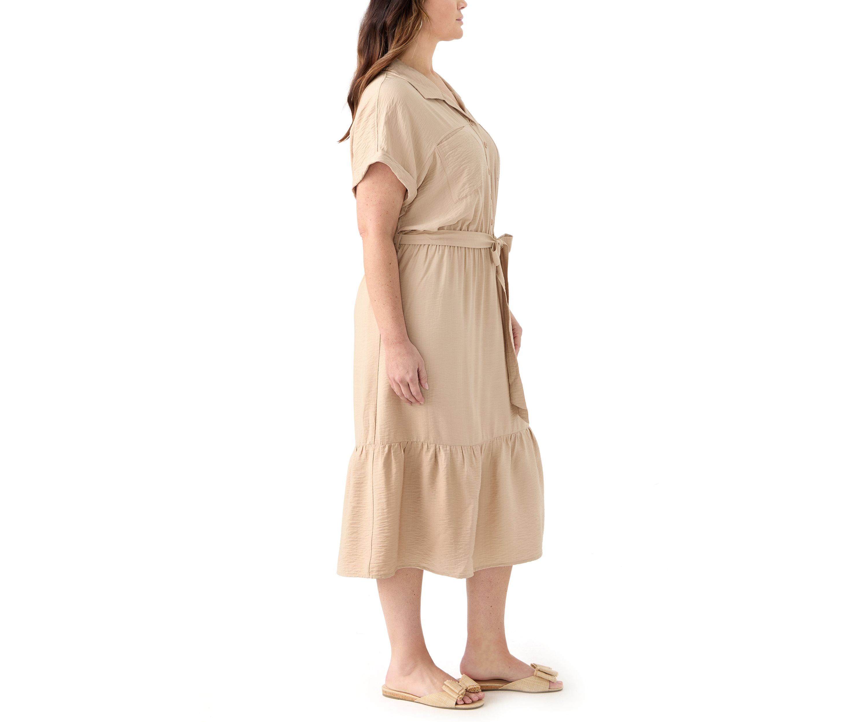 Plus Size Short Sleeve Solid Tie Waist Shirtdress