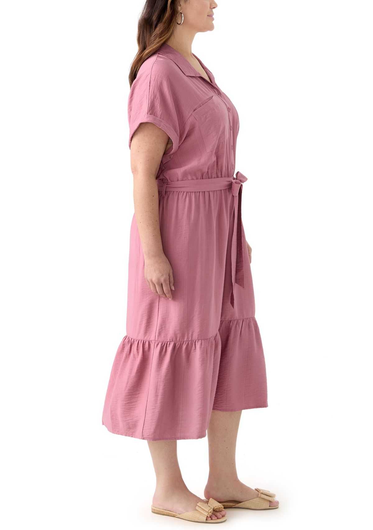 Plus Size Short Sleeve Solid Tie Waist Shirtdress