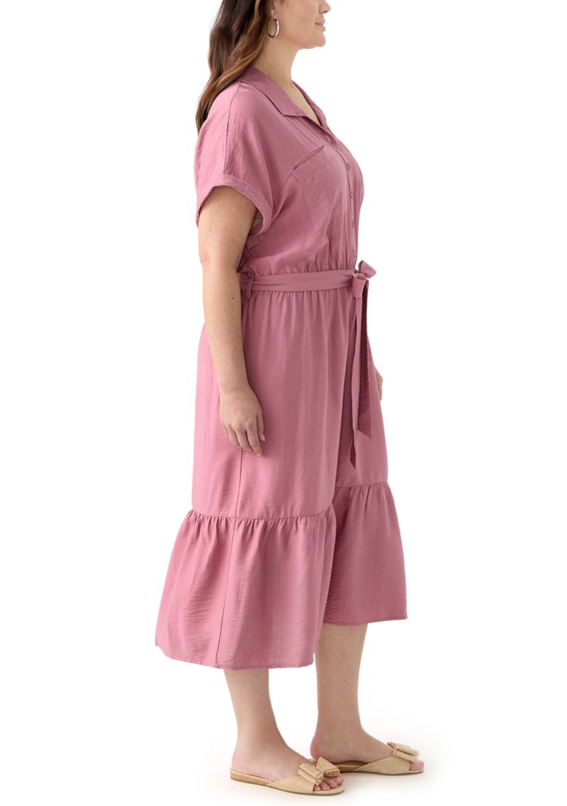 Plus Size Short Sleeve Solid Tie Waist Shirtdress
