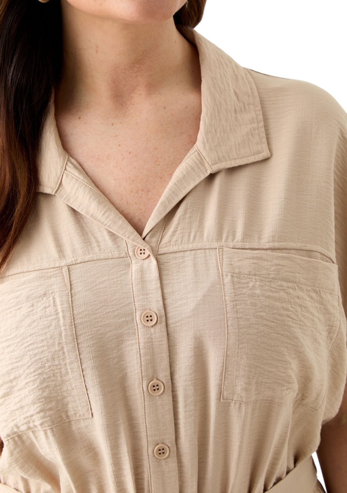 Plus Size Short Sleeve Solid Tie Waist Shirtdress