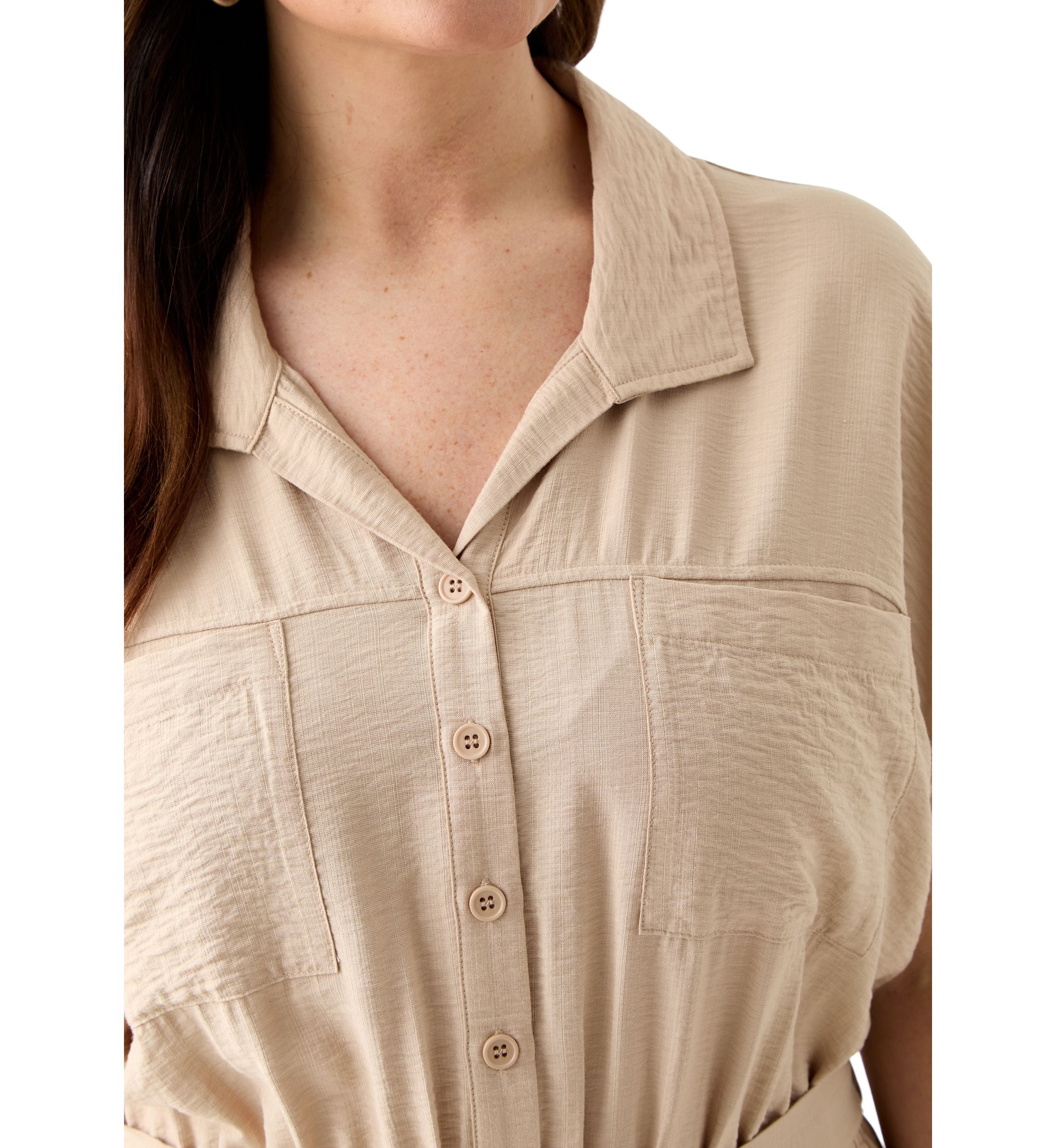 Plus Size Short Sleeve Solid Tie Waist Shirtdress