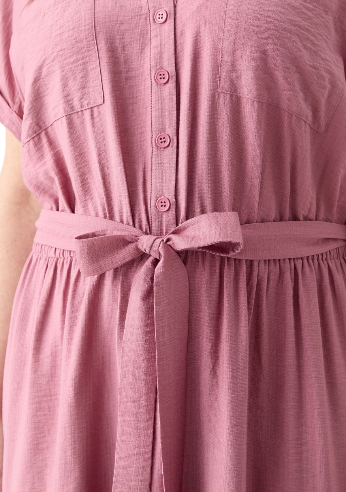 Plus Size Short Sleeve Solid Tie Waist Shirtdress