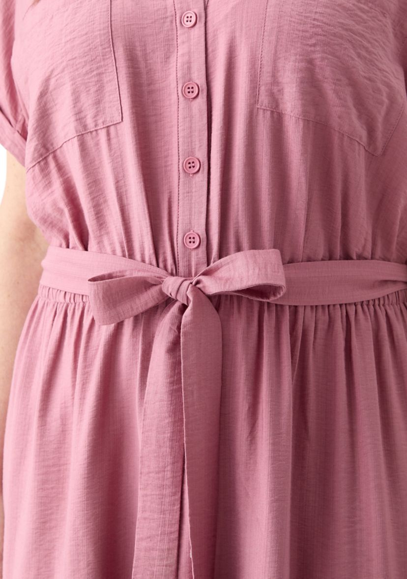 Plus Size Short Sleeve Solid Tie Waist Shirtdress