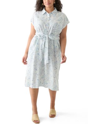 Lucky Brand Women's Plus Size Printed Button Front Tie Waist Midi Dress, Ivory, 3X