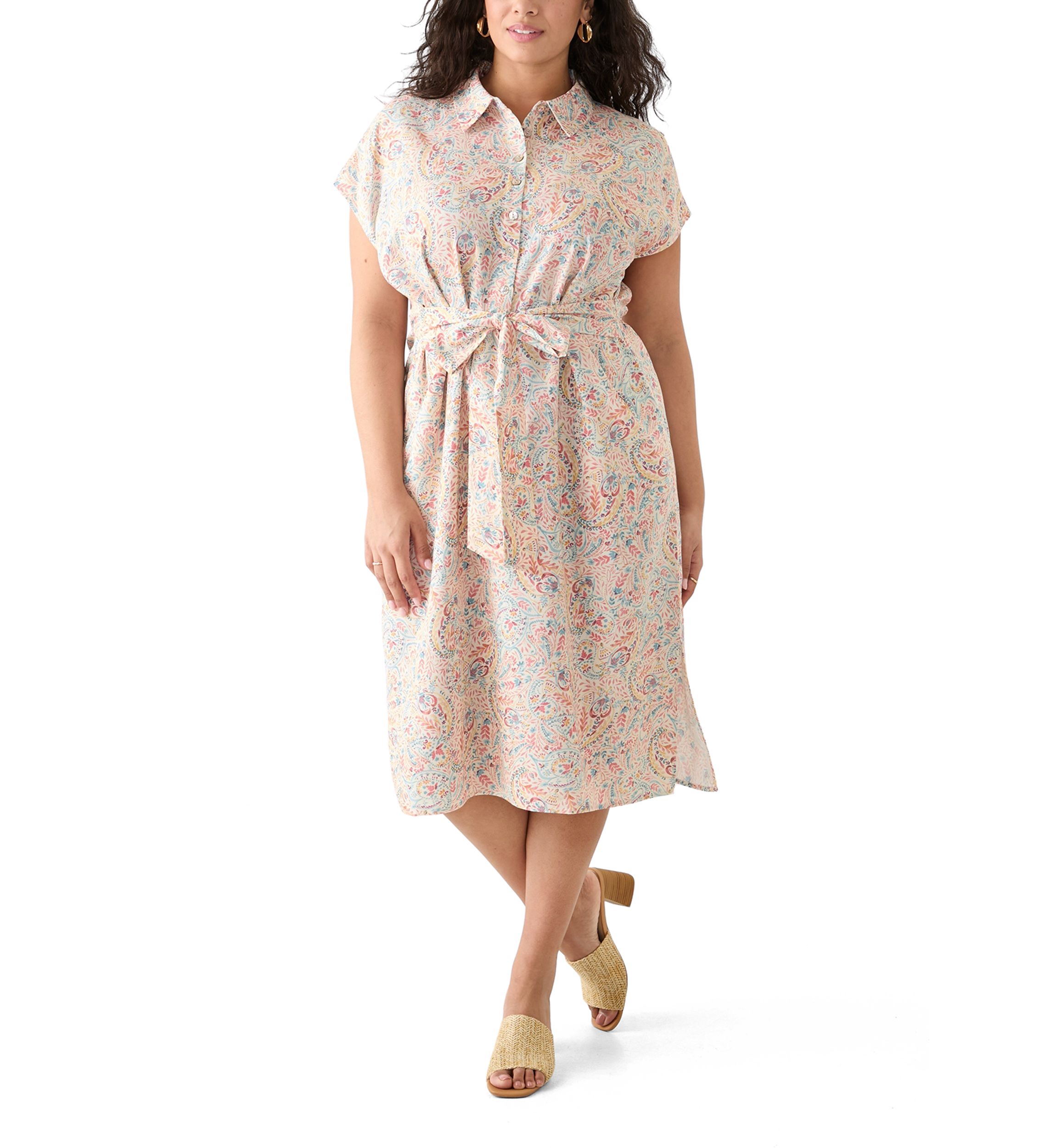 Plus Size Printed Button Front Tie Waist Midi Dress