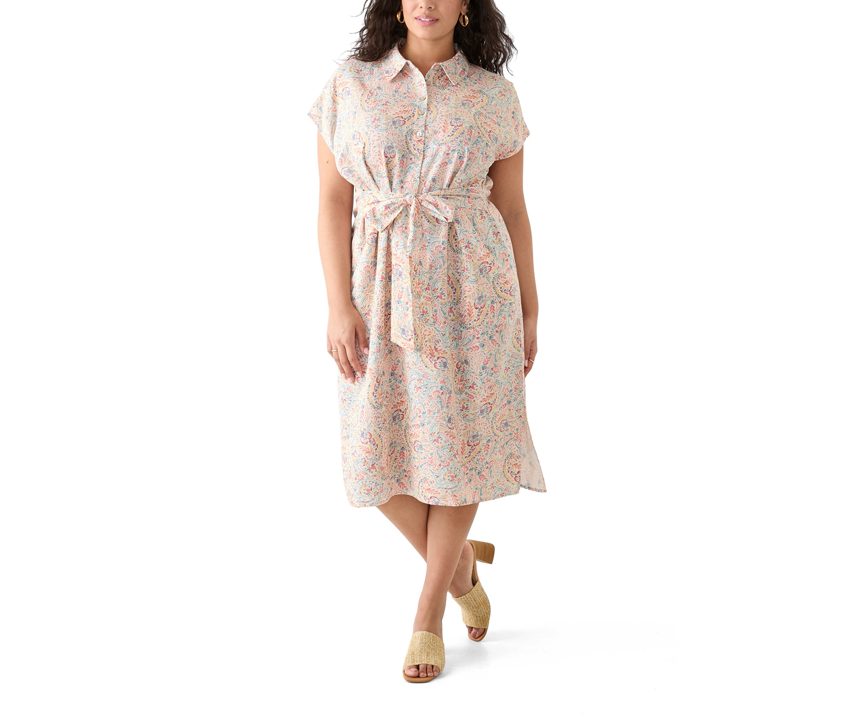 Plus Size Printed Button Front Tie Waist Midi Dress