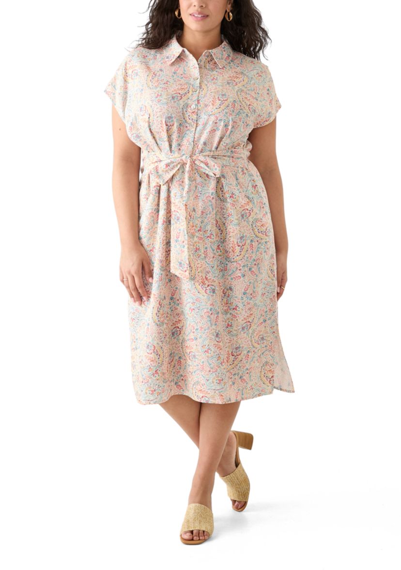 Plus Size Printed Button Front Tie Waist Midi Dress