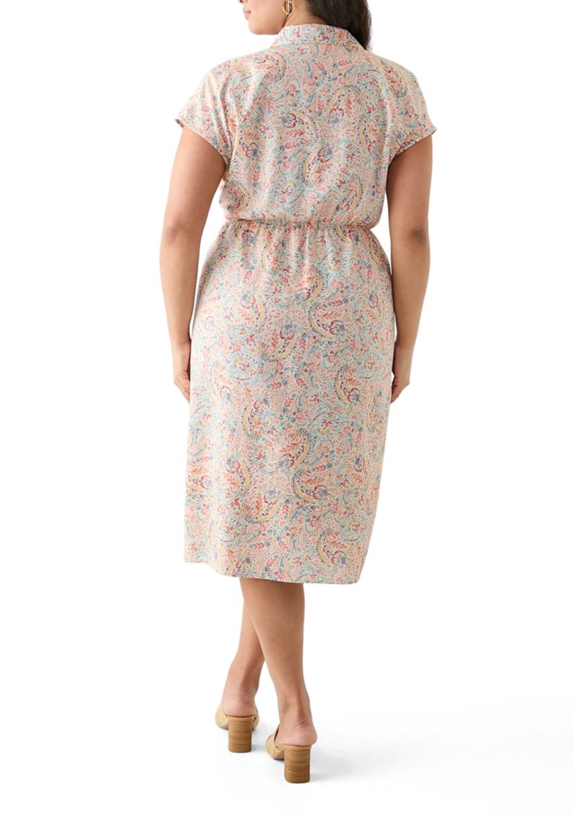 Plus Size Printed Button Front Tie Waist Midi Dress