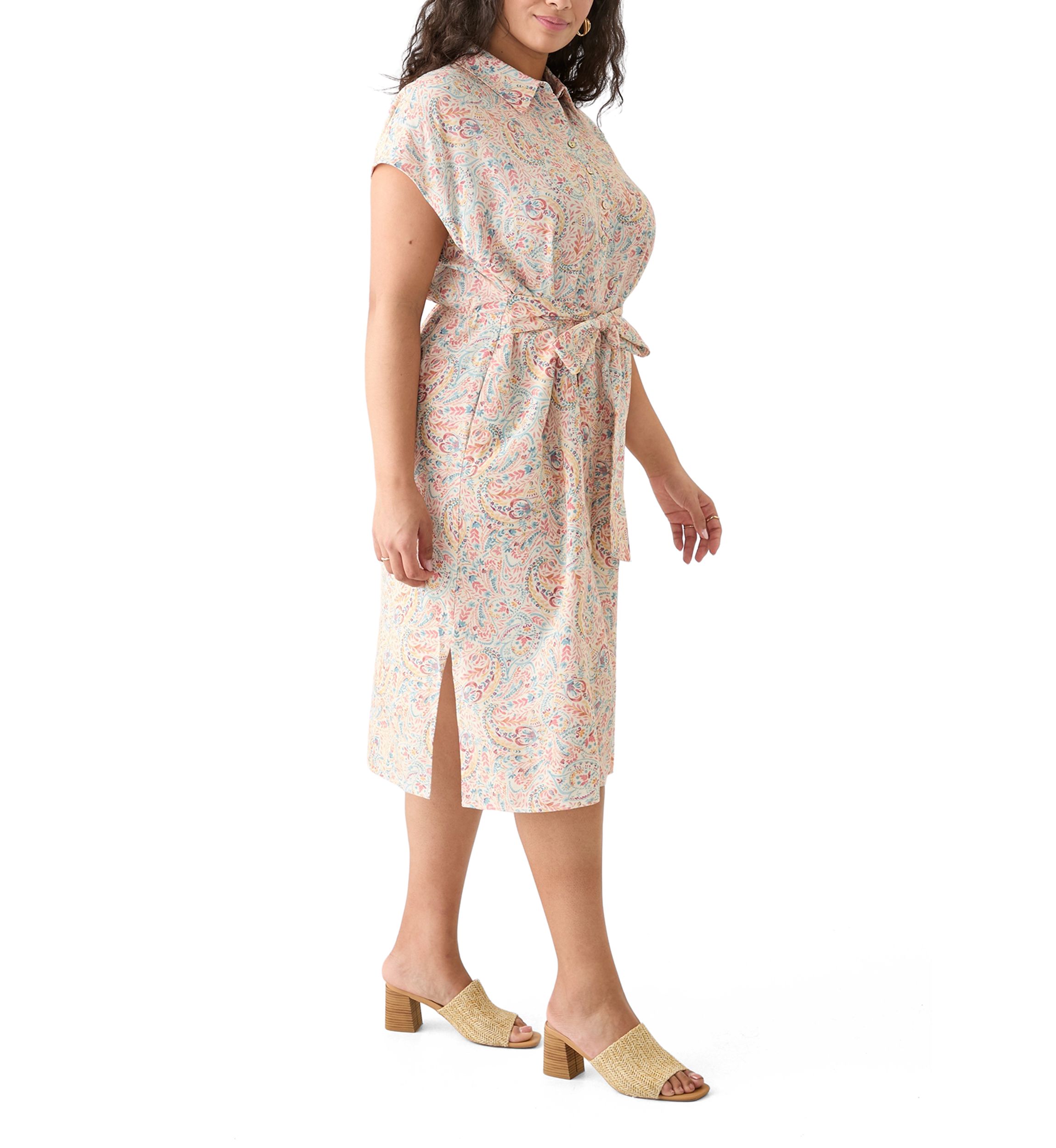 Plus Size Printed Button Front Tie Waist Midi Dress