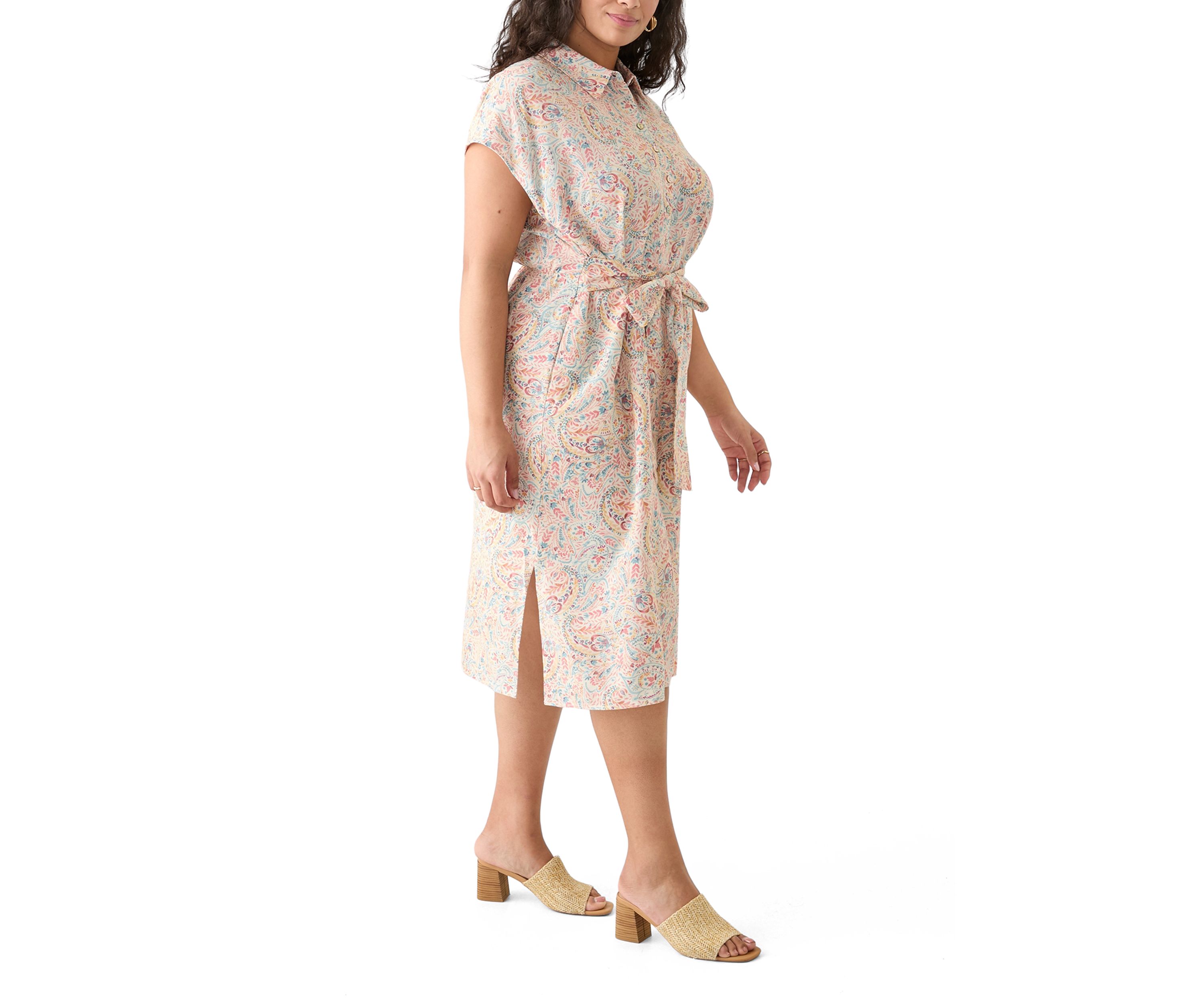 Plus Size Printed Button Front Tie Waist Midi Dress